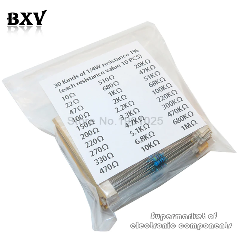 Metal Film Resistor Metal Film Resistors 600PCS/Set 30 Kinds 1/4W Resistance 1% Metal Film Resistor Pack Assorted Kit 1K 10K 100K 220ohm 1M Resistors 300PCS/Set