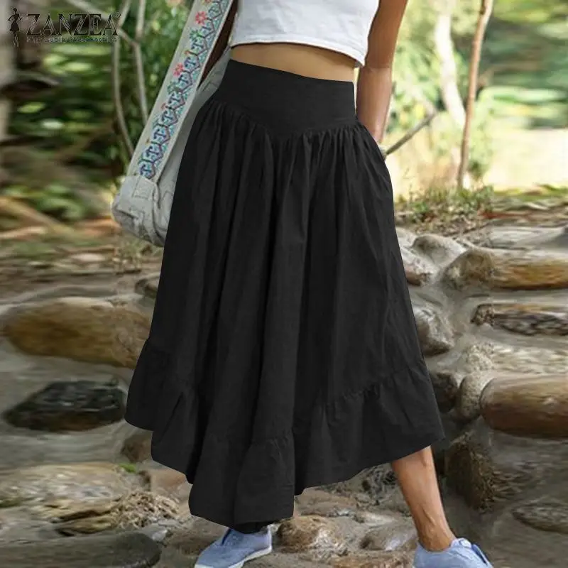ZANZEA Summer High Waist Flare Trousers Bohemian Ruffles Hem Pants Women Wide Leg Pantalon Casual Lace Up Flounce Palazzo 5XL