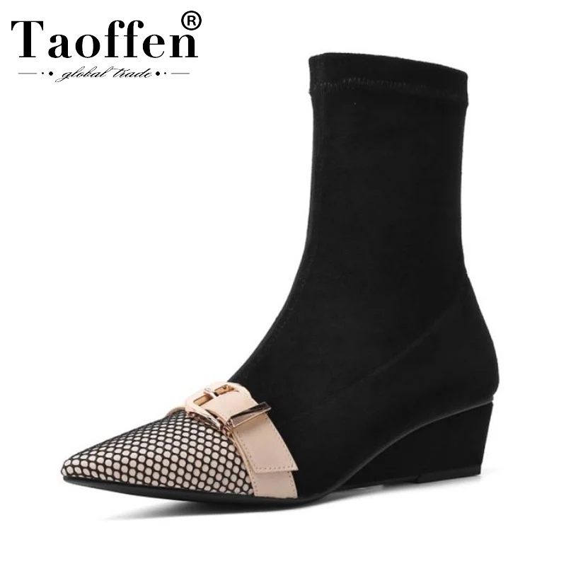 

Taoffen Women Genuine Leather Buckle Ankle Boots Wedges Sexy Party Winter Boots Slip On Retro Short Botas Footwear Size 34-39