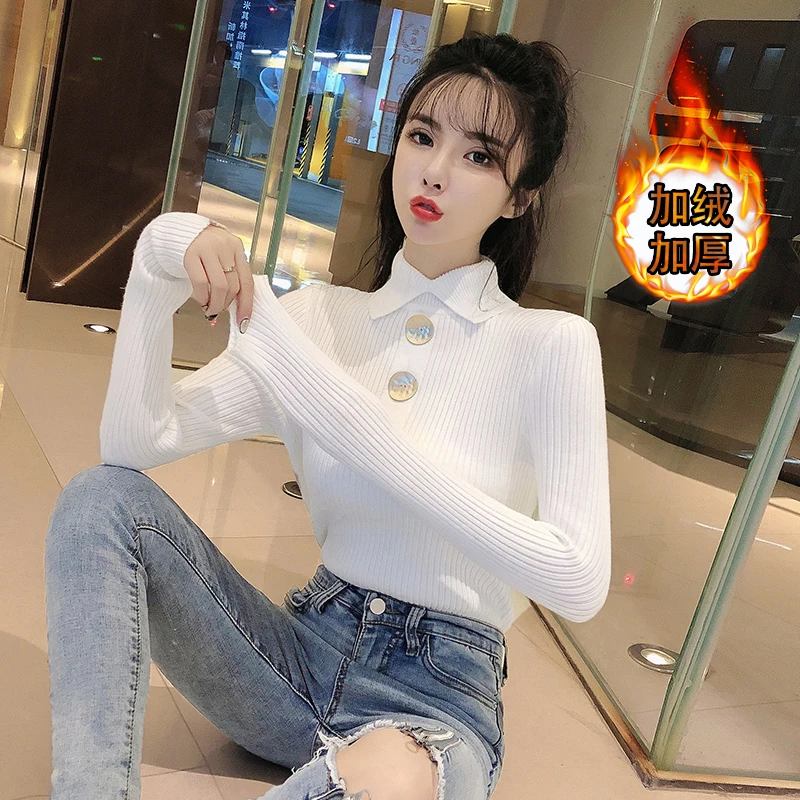 

Thickened plus velvet half-high collar autumn and winter new 2019 foreign style shirt Slim tight sweater