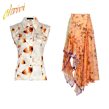 

Women Two Pieces Set Boutique Chiffon High Quality Floral Print Mid Waist Skirt and Notch Neck Buttons Up Sleeveless Top Women