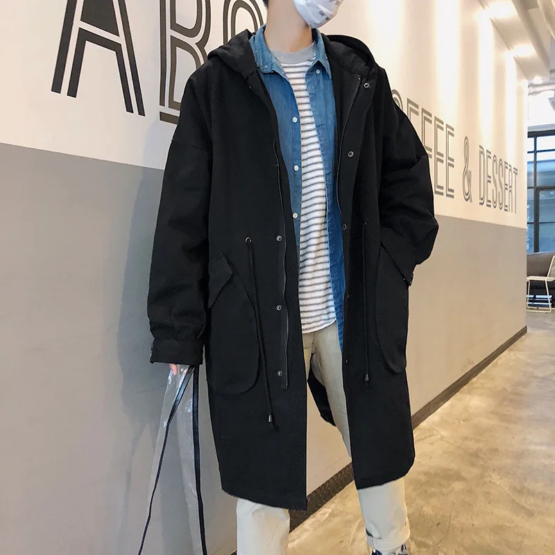 

Winter New Windbreaker Men Fashion Solid Color Casual Hooded Long Jacket Man Streetwear Wild Loose Coat Large Size M-5XL