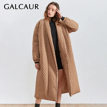 

GALCAUR Plaid Cotton Coat For Women Lapel Collar Lantern Long Sleeve Loose Thick Warm Female Parkas 2020 Spring Clothing Tide