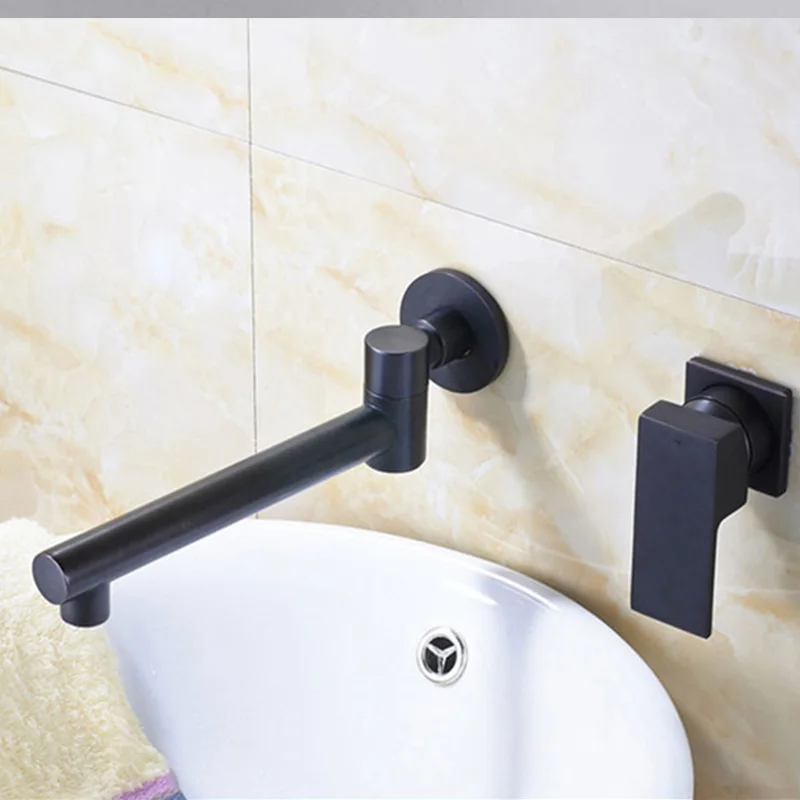 Сложенный черный бронзовый Одной ручкой двойной отверстие настенный кран твердая латунь Ванная раковина кран смеситель горячей и холодной воды - Цвет: orb