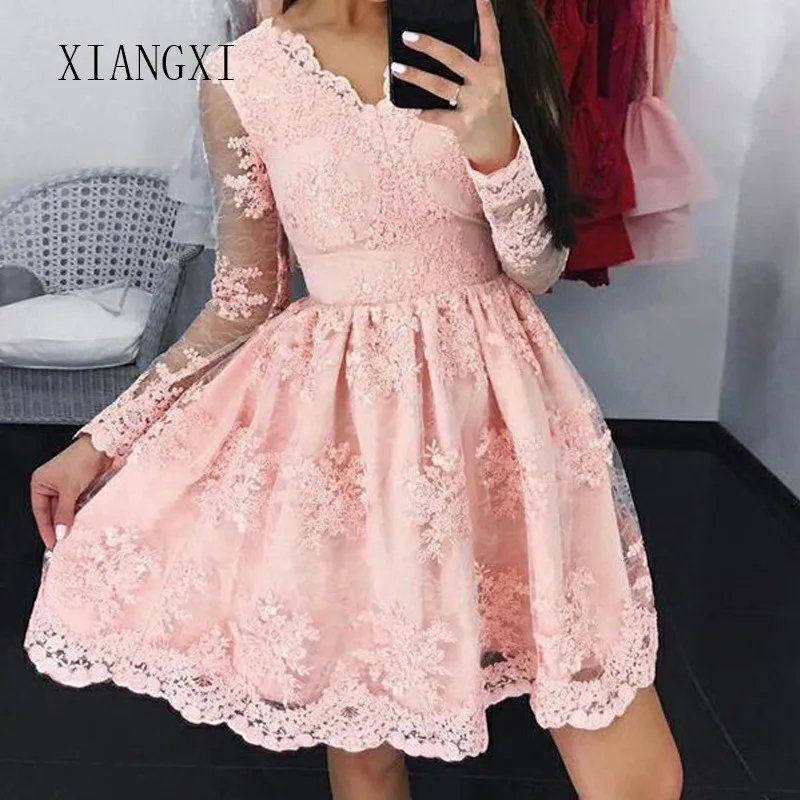 Curto Vestidos, розовое платье для выпускного вечера, кружевное платье с v-образным вырезом и длинными рукавами выше колена, платья для выпускного вечера, Короткие вечерние платья
