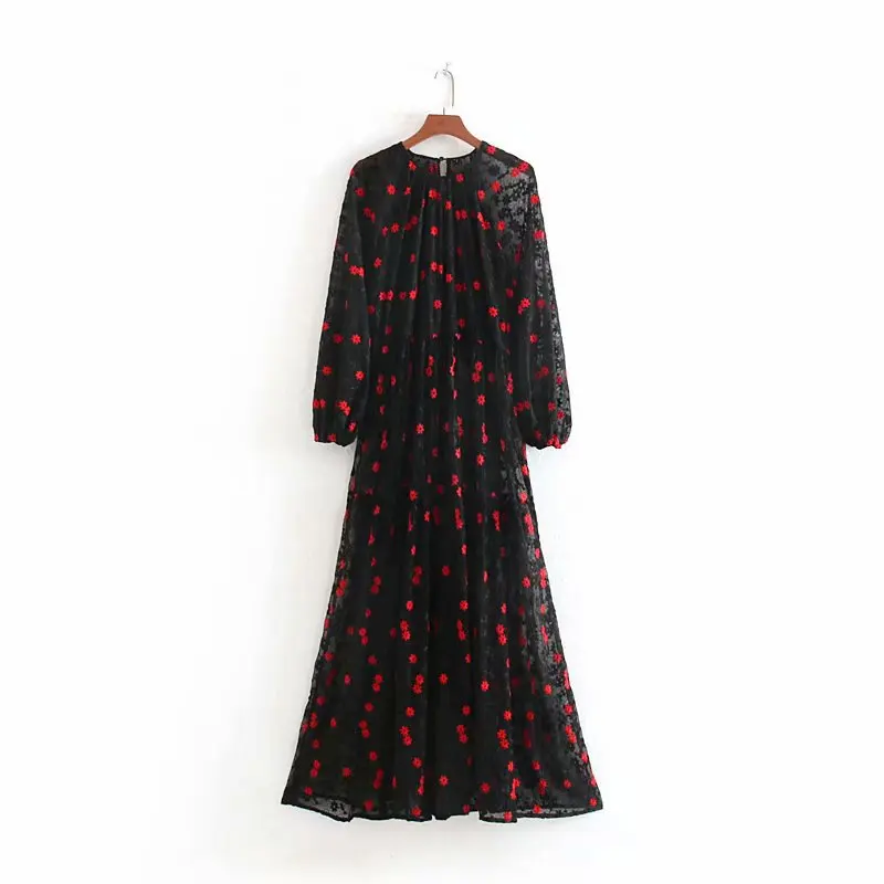 

2019 Autumn Europe And America WOMEN'S Dress New Style Flower Embroidered Loose-Fit Long Dress 006-9390