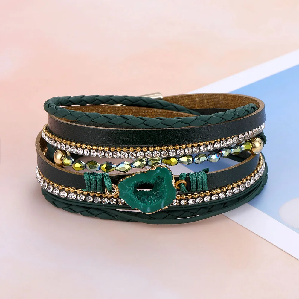 Vienkim браслет с Зелеными камнями и браслет для женщин Boho несколько слоев браслет очаровательные кожаные браслеты модные ювелирные изделия