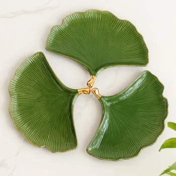

Green light luxury ginkgo leaf ceramic plate home breakfast Western food hotel dessert steak plate hand painted gold edge