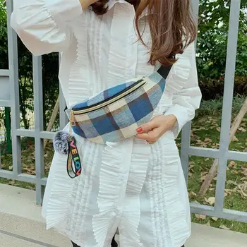 

Fashion Grids Fanny Chest Bag Women Canvas Sports Casual Shoulder Messenger Pack Pompom Waist Money Purse