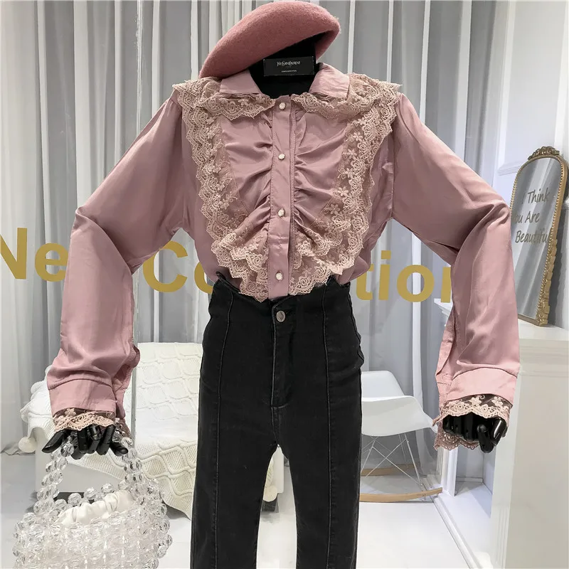 ALPHALMODA зима дизайн кружевная отделка длинный рукав рубашка Женская Формальная тонкая универсальная блузка Топ