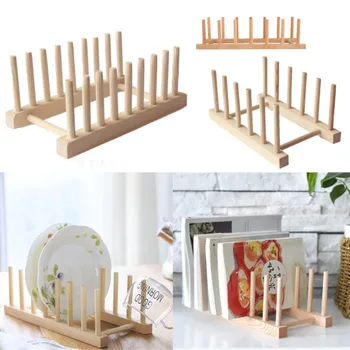 Kitchen Dish Drain Rack Dinnerware Storage Organizer Tray Plate Drying Shelf Wooden Book Cups Display Stand Drainer Holder