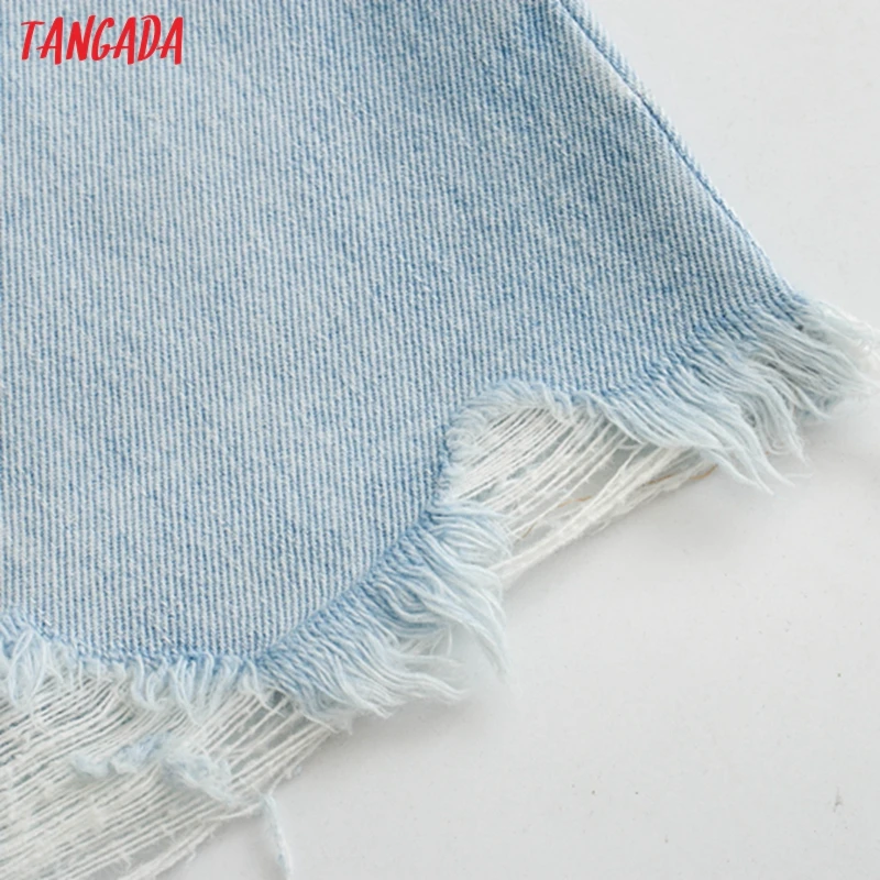 Tangada women blue denim Ripped skirts high waist summer female mini skirt ladies 3L71