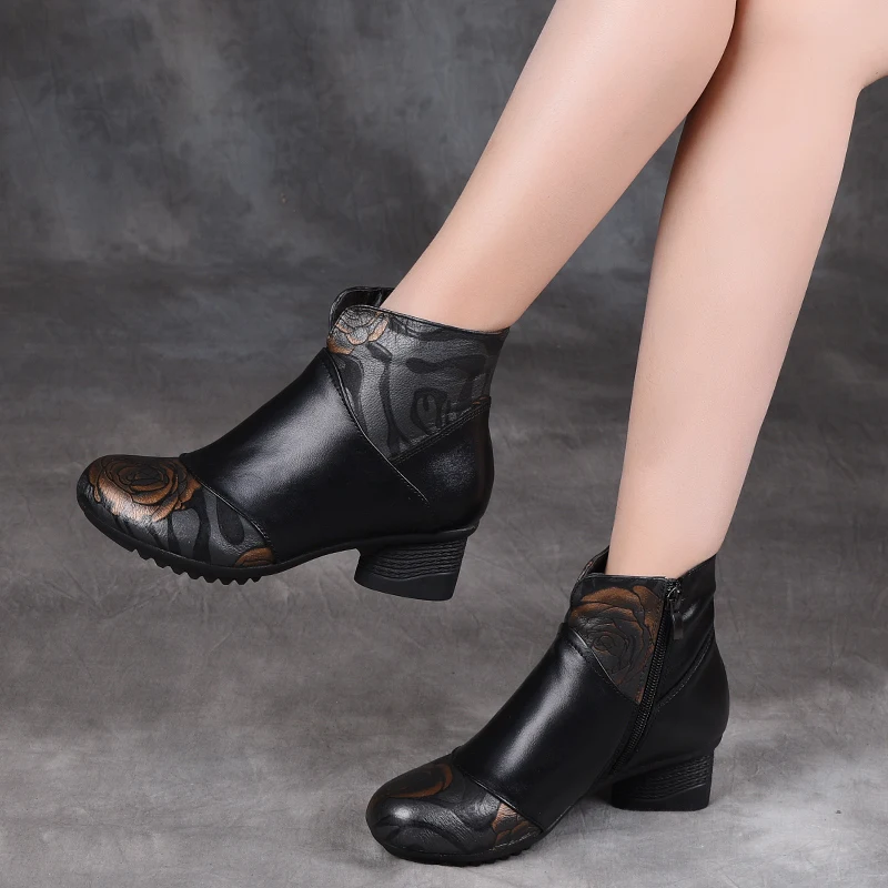 Осенне-зимняя обувь женские ботильоны с принтом женские ботинки из натуральной кожи на платформе и высоком каблуке Полусапожки на толстом каблуке - Цвет: Черный