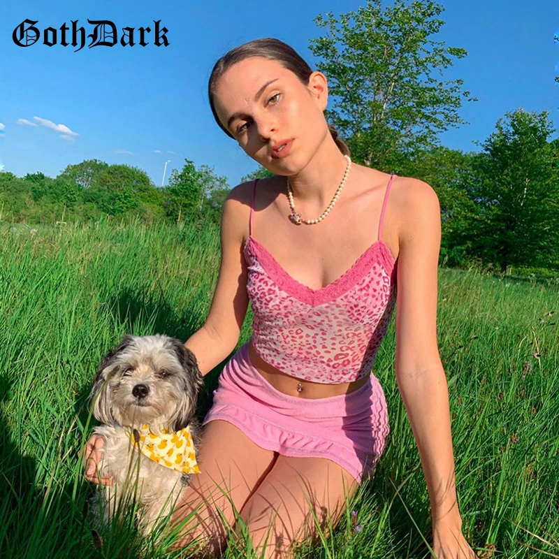 Goth Dark Y2k E-girl Fashion Leopard Print Crop Tops Strap Sleeveless Pink Lace Patch Streetwear Camis Sexy Women Summer Top