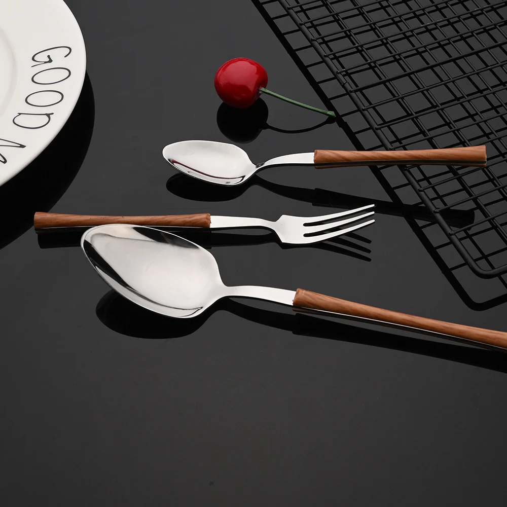 Wooden Handle Western Tableware Stainless Steel Dinnerware Cutlery Set Silver Knife Tea Fork Coffee Spoon Dinner Flatware Set