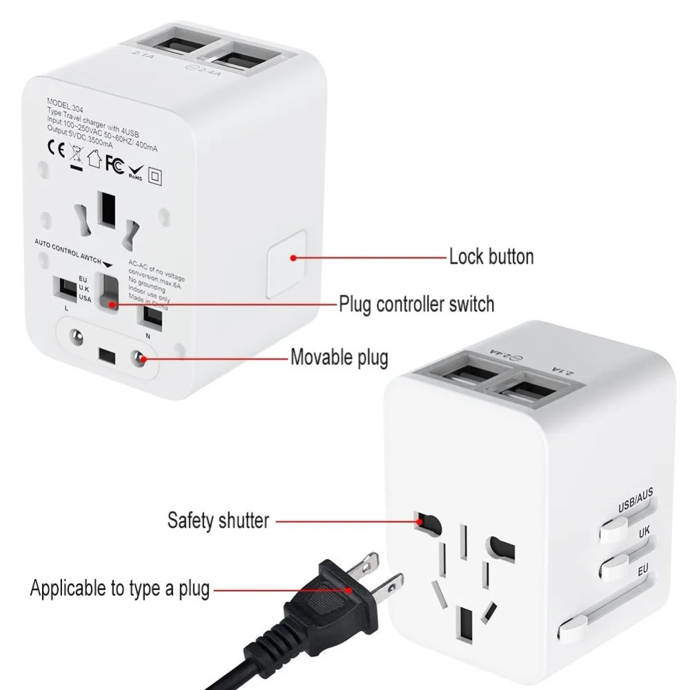 Travel Charger Adapter Universal Plug Adapter Charger Adapter for US UK EU AU with 4 USB 100-250V/ 6A Input 5V/3.5A Output 1500W