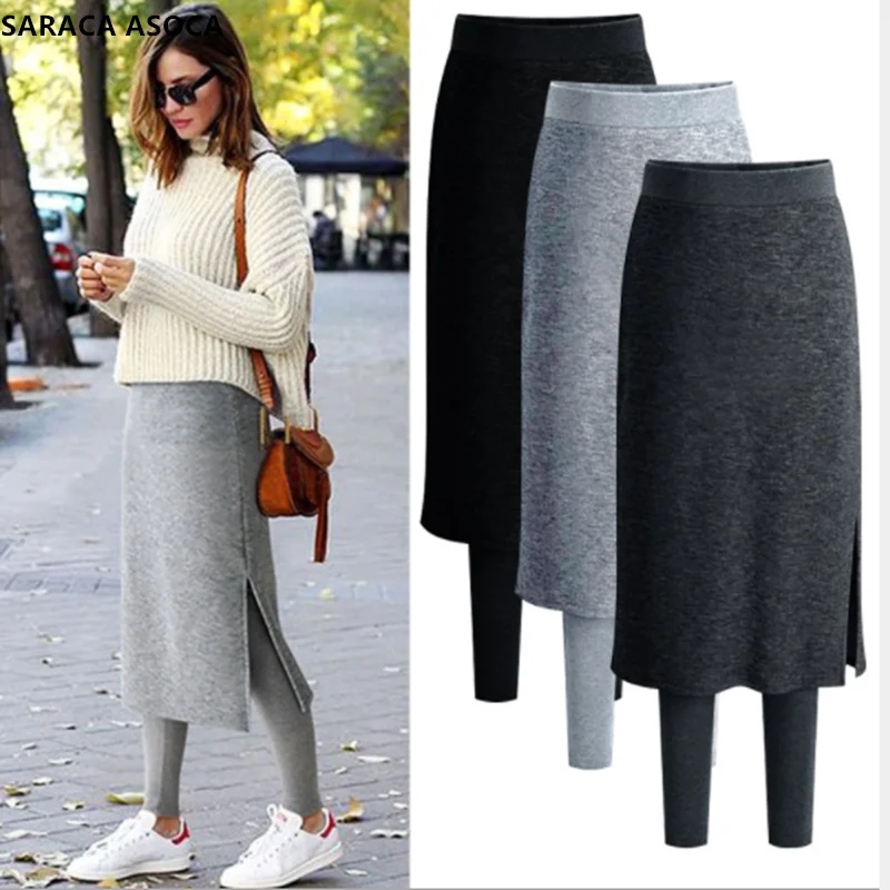 Elastic Waist Winter Bust Thicken Fake Two Pieces Female High Waist Mid-length Skirt Pants Autumn Keep Warm girls