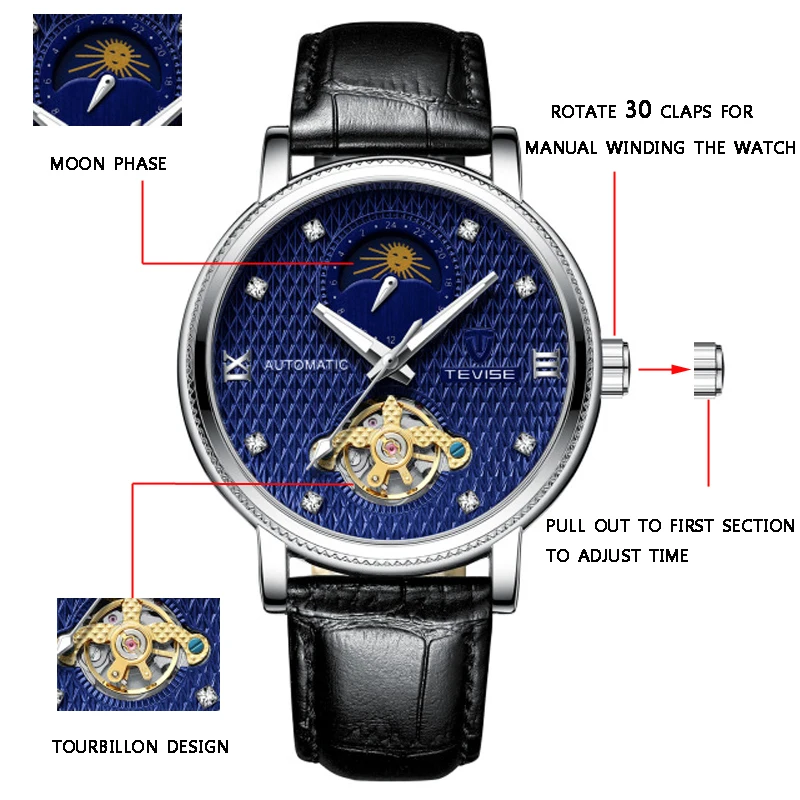 Tevise Автоматические Tourbillon механические часы водонепроницаемые мужские роскошные