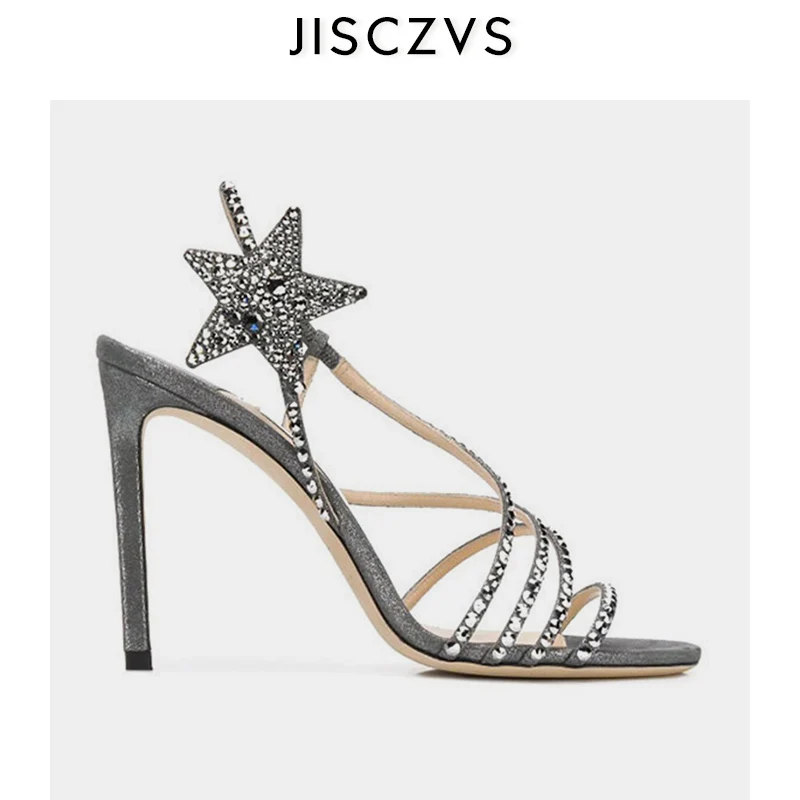 

2020 Designer Woman Shoes Crystal Embellished Five-pointed Stars High Heel Sandals Open Toe Thin Heels Dress Shoes Black Nude