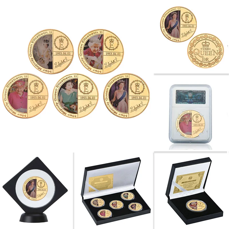 

WR New 5pcs Her Majesty Queen Elizabeth II Coin with Plastic Case Gift Box for Collection Business Gift Good Home Decoration