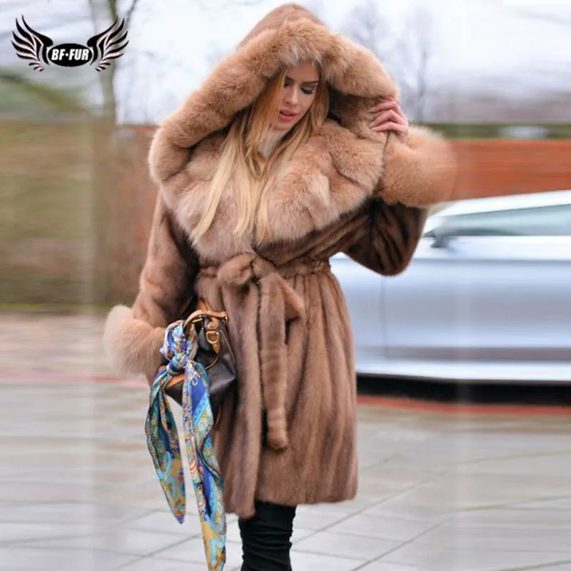 Luxury Women Winter Real Mink Fur Coat Long With Big Fox Fur Trim Of Hood Natural Genuine Mink Fur Jacket With Fur Belt Overcoat