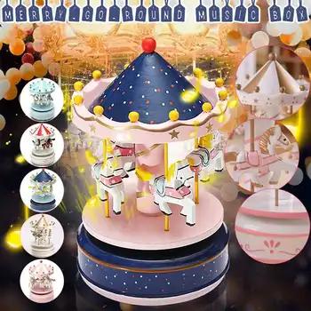 

Wooden Carousel Music Box Horse Merry-Go-Round Carousel Classical Musical Case Theme Kids Children Room Decor Present Toys