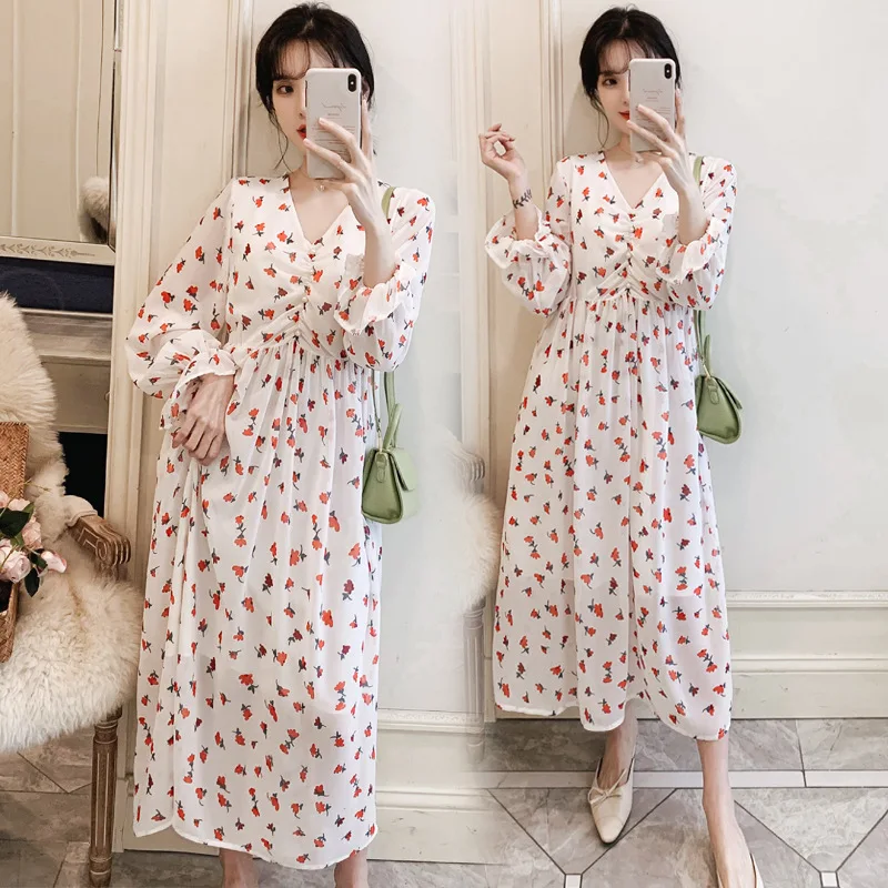 

Pregnant Women Dress Spring Clothing 2020 New Style Fashion Mid-length V-neck Floral-Print Long Skirts Loose And Plus-sized Chif