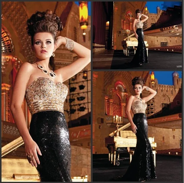 Sharking Much Crystal Bead Sequins Sweetheart Neckline Mermaid Sexy Evening Dresses Beautiful Evening Gowns Gold And Black