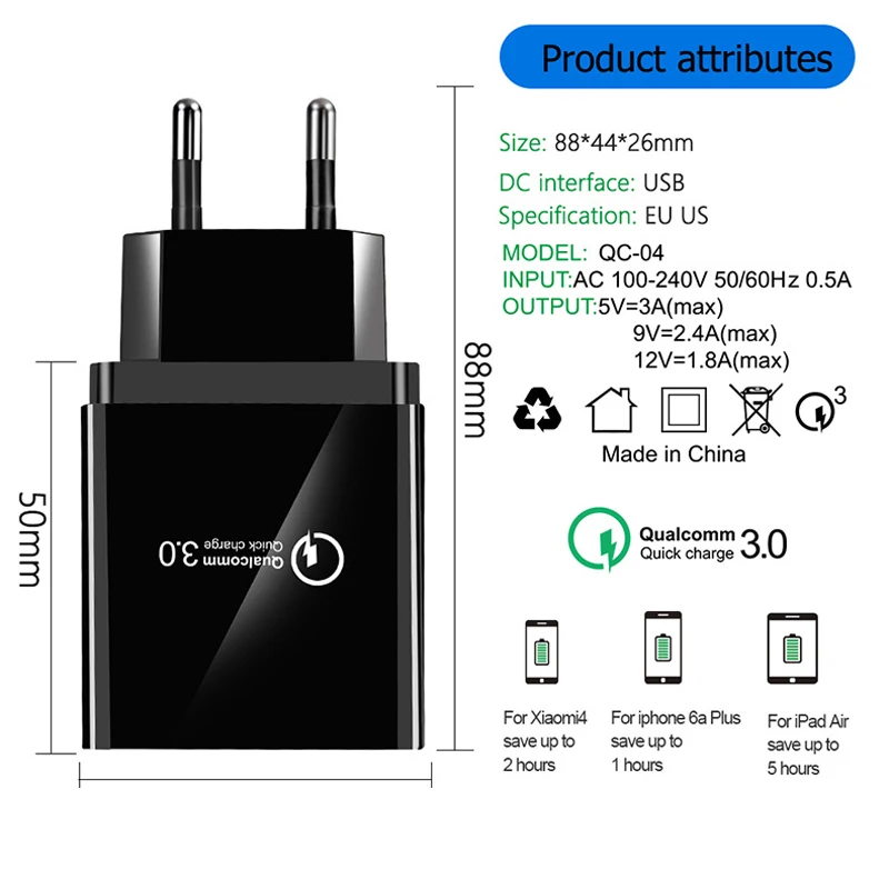 48W Quick Charger 3.0 USB Charger For Samsung Note 10 A50 iPhone 11 Pro MAX 7 8 Tablet QC 3.0 Fast Wall Charger EU Plug Adapter