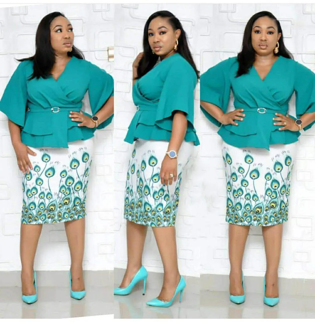 spring fashion style african women printing polyester two pieces sets top and skirt