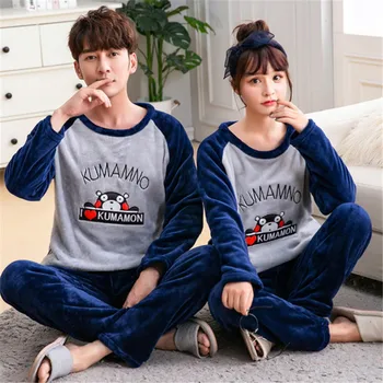 

Korean Autumn Winter Women Thicken Coral Fleece Couple Pajamas Set Pyjamas Cartoon Home Service Plus Size Pijama Mujer