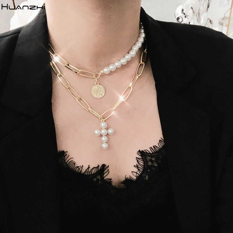 

HZ Elegant 2019 Bohemia Multilayer Pearls Cross Metal Coin Portrait Gold Chain Asymmetry Necklace for Women Girl Beach Jewelry