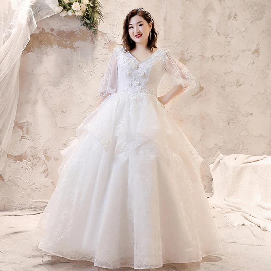 

White Wedding Dresses 2019 Long Plus Size Sexy V-Neck Vestido De Novia T245 Beading Flowers Bride Dress Elegant Wedding Gowns