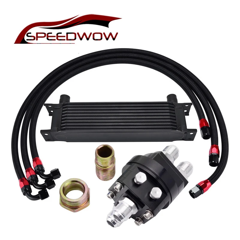 

SPEEDWOW 10ROW10AN Engine Oil Cooler Kit+Oil Relocation Adapter Filter Cooler Plate Kit+Black 1M/1.2M/1.4M Swivel Fuel Hose Line