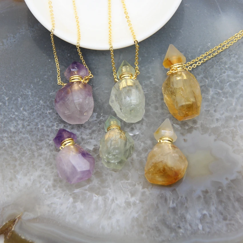 Raw Amethysts/Citrines Perfume Bottle Pendant Necklace,Natural Green Crystal Gems stone Essential Oil Diffuser Vial Charms Chain