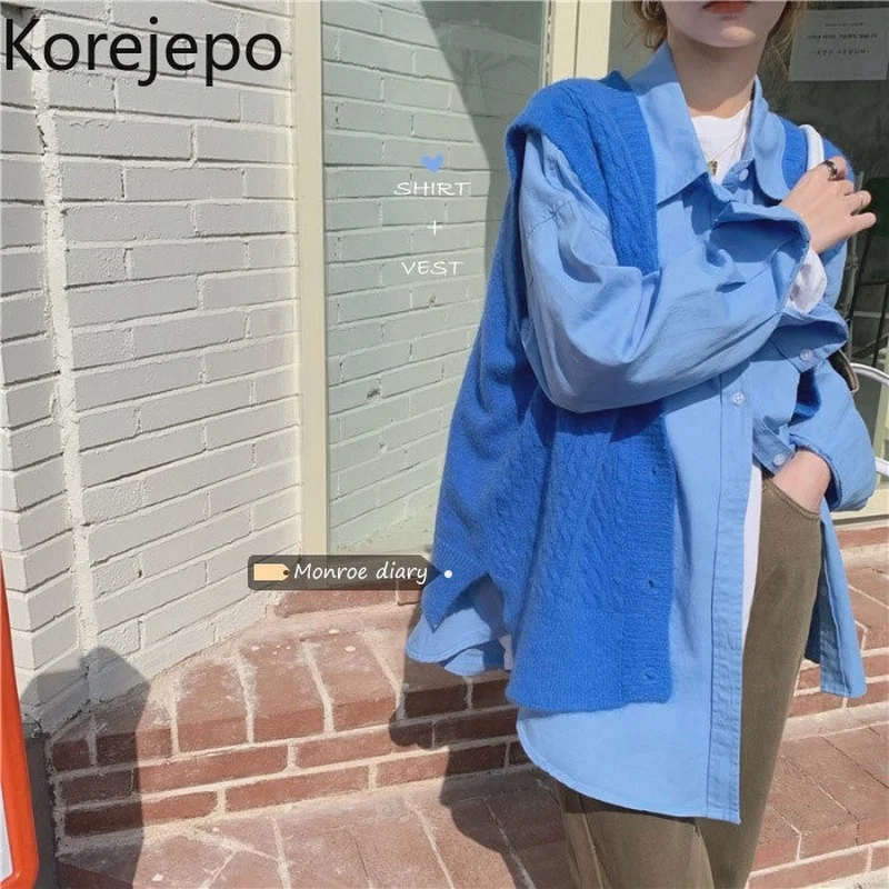 Женский трикотажный жилет Korejepo однобортный синий кардиган в стиле ретро без