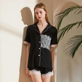 

Sexy Summer Black Lace Modal Sleepwear Pajamas Set for Women Sleep Shirt Top Bottoms Shorts Nightwear Clothing Home Wear Clothes