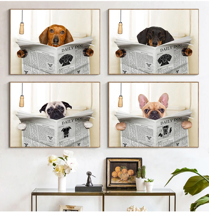 Picture Home Bathroom Decor Dogs Lover Gift Dog Reading Newspaper Toilet Wall Art Canvas Prints Funny Dog Painting Wall