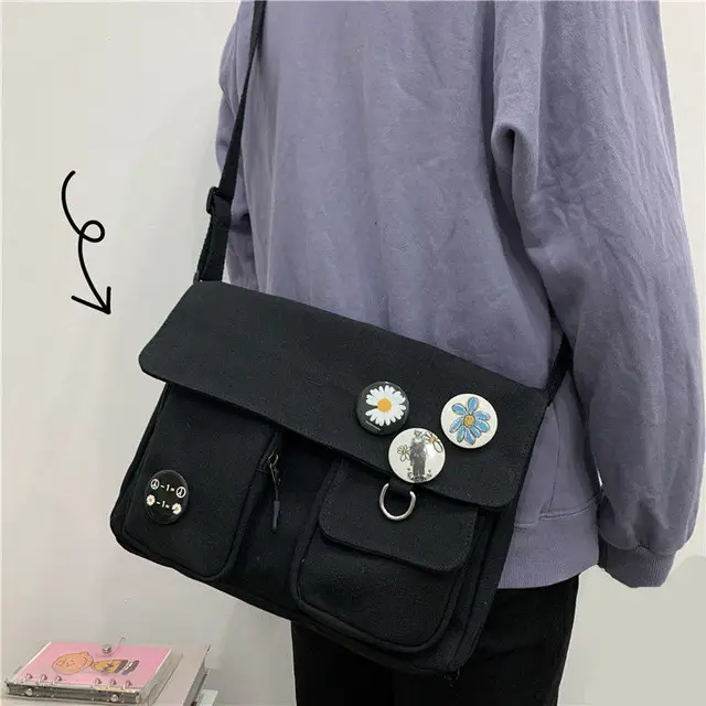 Canvas Diagonal Cross Bag Youth Fashion Casual Version Ladies Large Capacity Shoulder Bag Solid Color  Women Messenger Bags frog ornaments