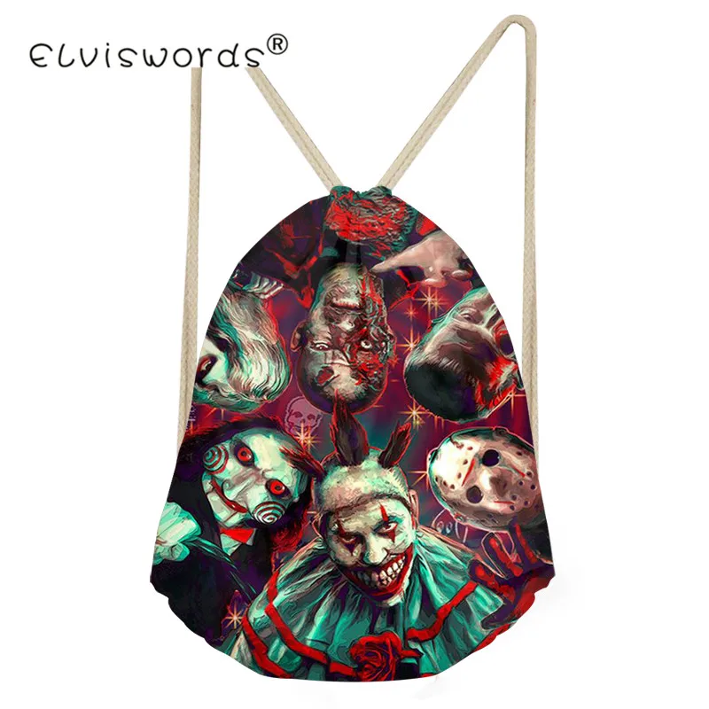 

ELVISWORDS Black Halloween Horror Scary Clown Printing Drawstring Bags Women Beach Shoulder Bag Ladies Drawstring Bagpack 2019