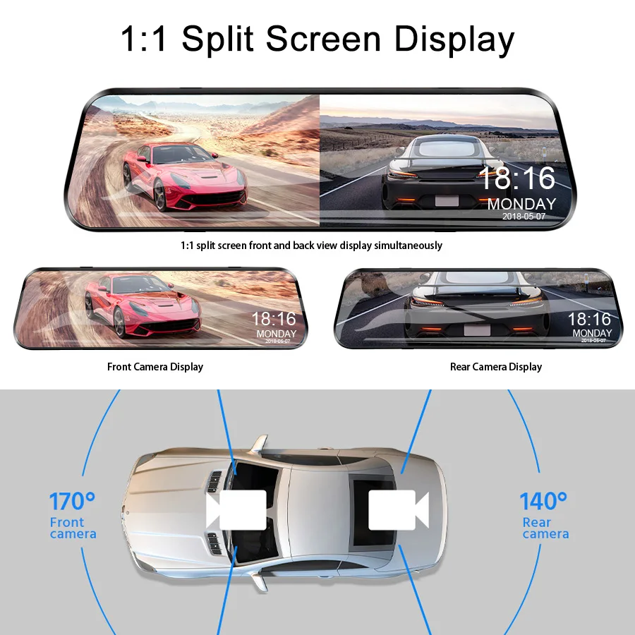  E-ACE 10 Inch Touch Car Dvr Streaming Rear View Mirror Dash Camera FHD 1080P Video Recorder Dual Le