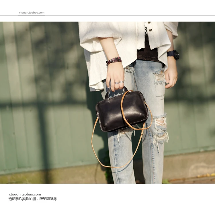 Retro genuine leather women handbag female small shoulder crossbody bag portable ladies vegetable tanned leather mini slung bags
