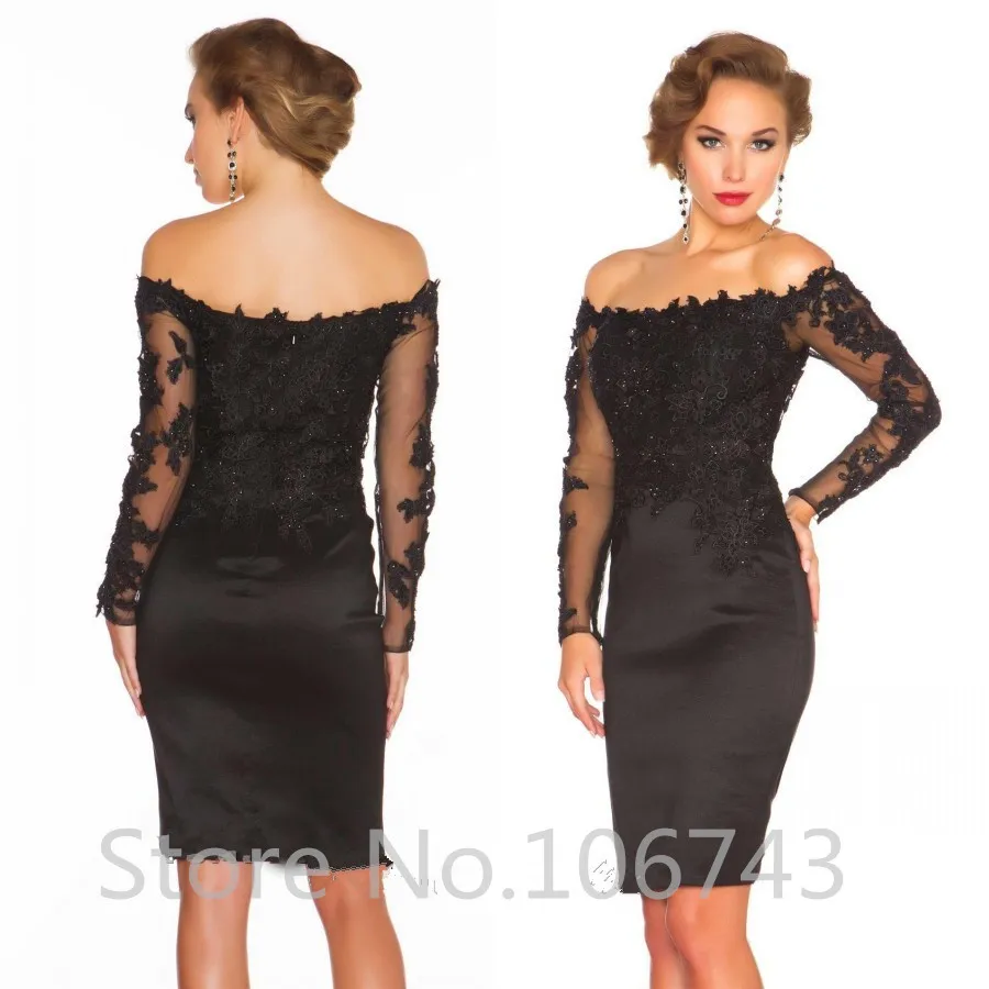 

wedding decoration 2018 Mermaid Boat-Neck Off the Shoulder Lace Black Long Sleeves Short Evening mother of the bride Dresses