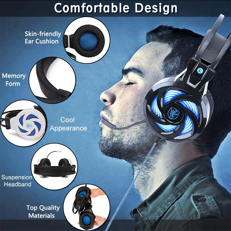 For PS4 PC Gaming Headset Computer Gamer Wired Headphone With Microphone LED Bass Helmet Music Bass Kids Earphone Phone Laptop