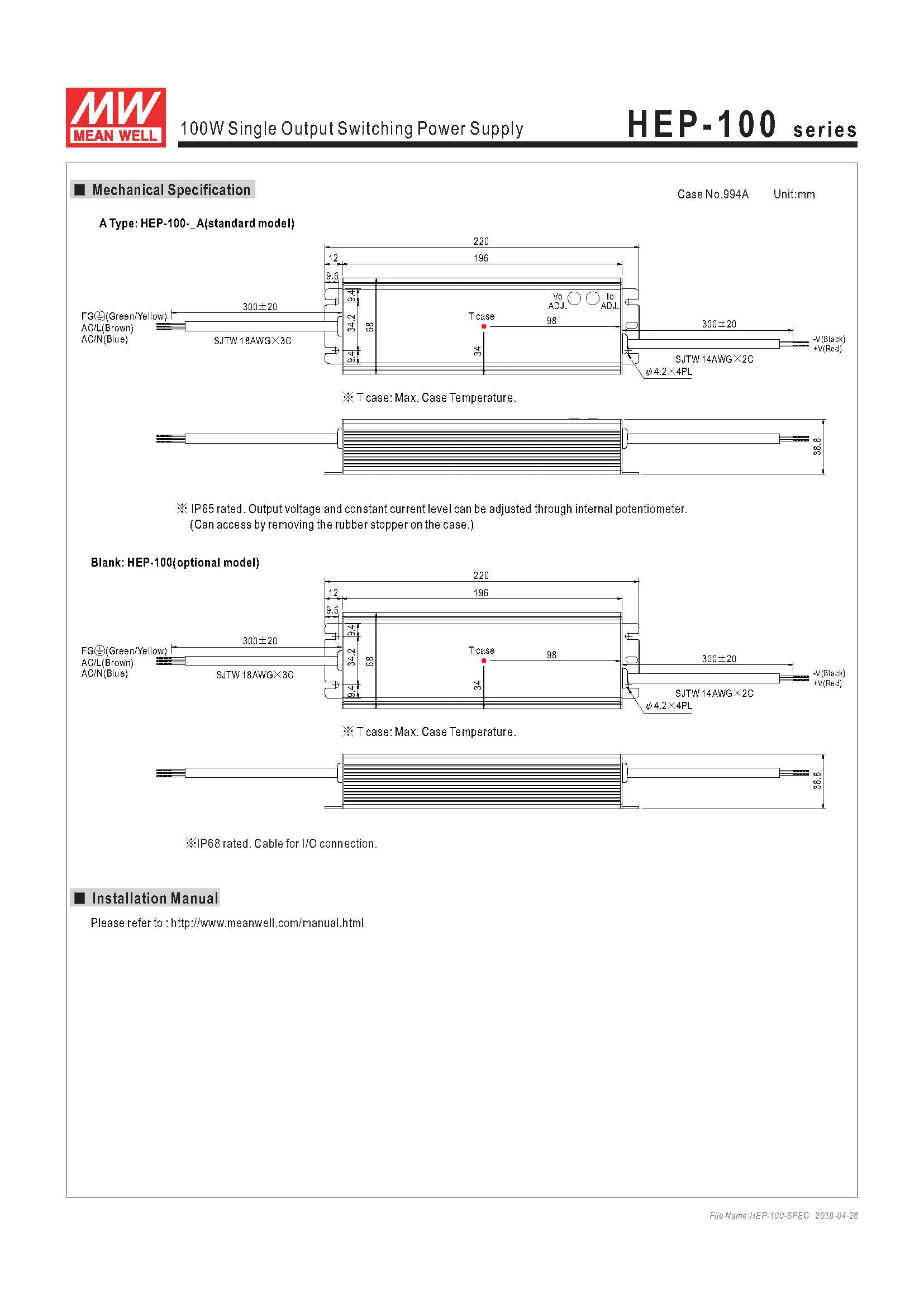 MEANWELL HEP-100-36A е-байка 36В 2.65A 95,4 W импульсный источник питания с одним выходом Встроенный активный PFC Функция