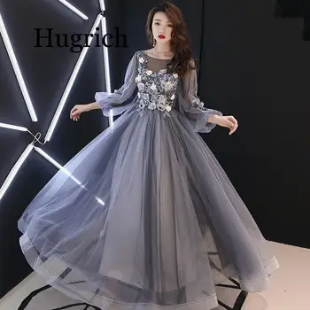 

2020 Elegant Dress Full Appliques Beading Flowers Beautiful Formal Dresses Blue Gray Lantern Sleeve Long Party Gown