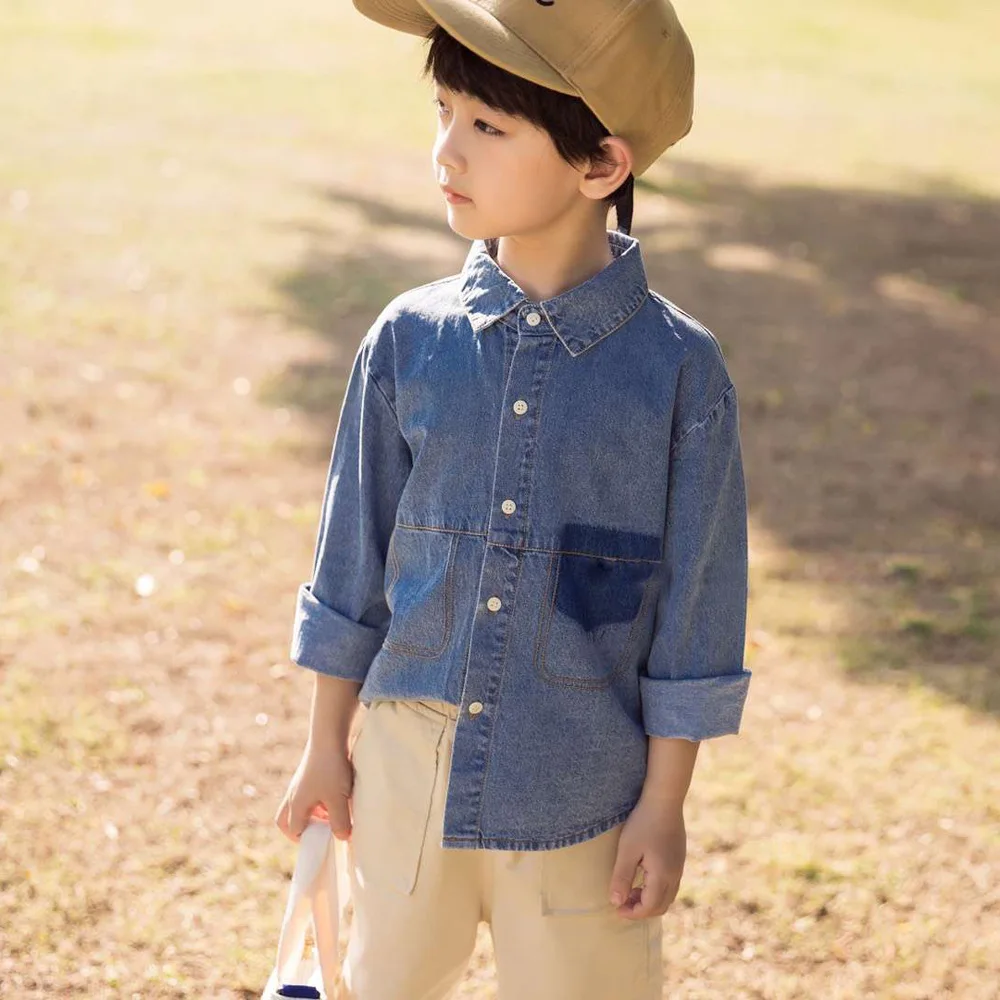 Детская одежда для мальчиков, весенние хлопковые рубашки из джинсовой ткани для мытья воды, качественные товары, Мужская детская рубашка