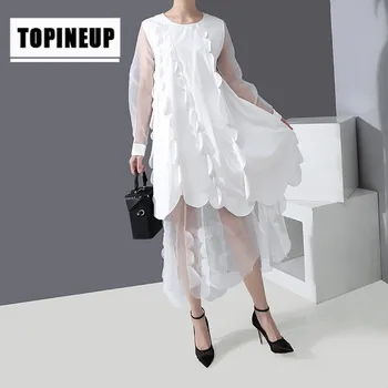 

Women's Fashion Crew neck Solid color irregular Thin section transparent mesh long sleeve dress