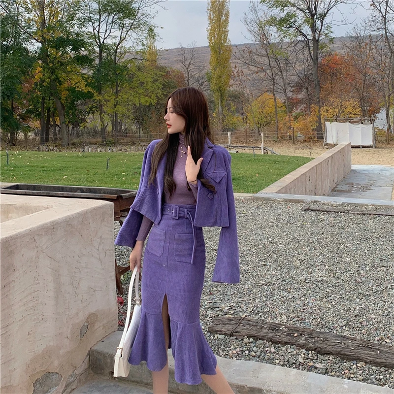 

2020 HOT Autumn Winter Woman Suit Loose suit Sense of design Slit fishtail skirt Violet two Piece set women Skirt Undefined Girl