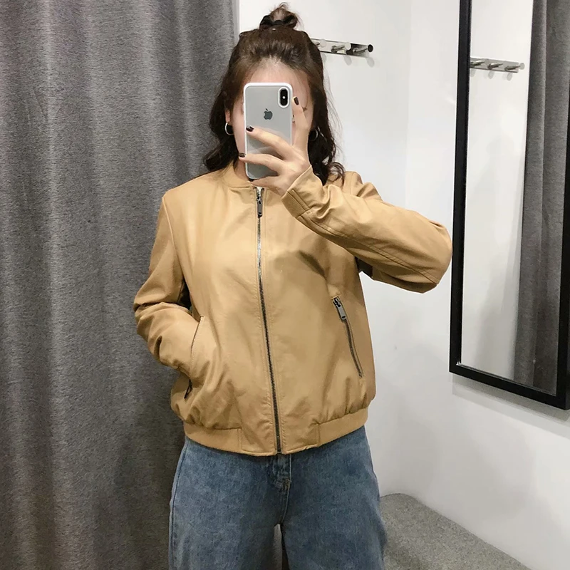 Модная женская куртка-бомбер из искусственной кожи, Тонкая зимняя верхняя одежда, пальто на молнии, винтажное пальто с карманами, однотонное женское короткое пальто с длинным рукавом